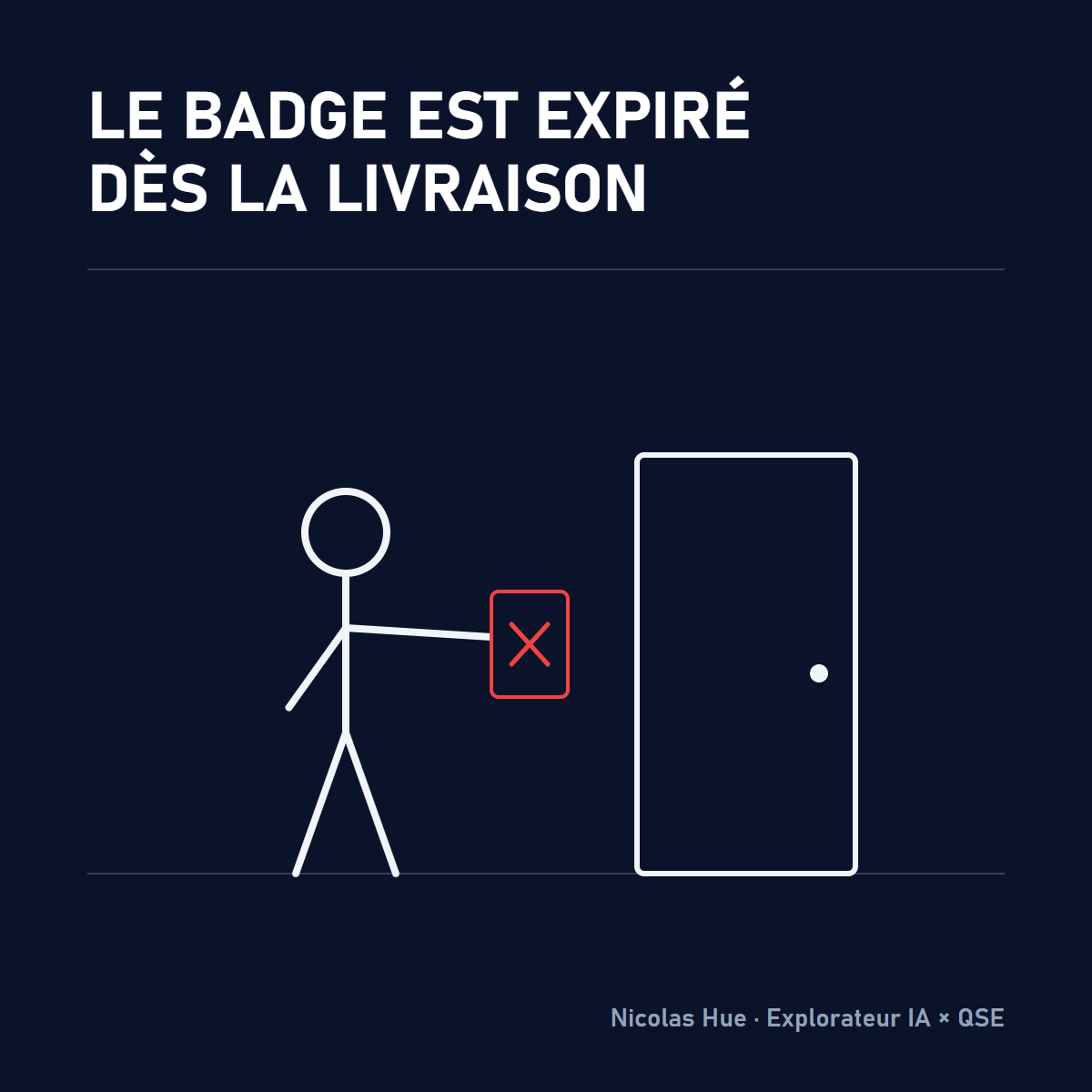 Un bonhomme devant une porte fermée tient un badge barré d'une croix rouge