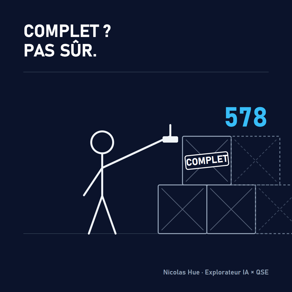 Un bonhomme tamponne COMPLET sur une pile de caisses contrôlées, alors que 578 caisses attendent hors du cadre
