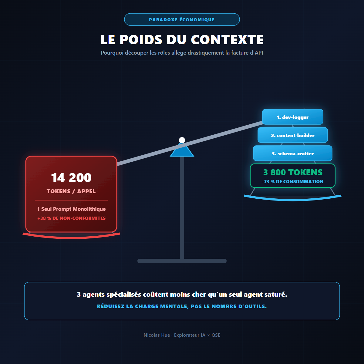 Balance géométrique illustrant le paradoxe économique des tokens : le surpoids d'un prompt monolithique à 14 200 tokens face à l'économie de 73 % obtenue par trois agents découplés à 3 800 tokens